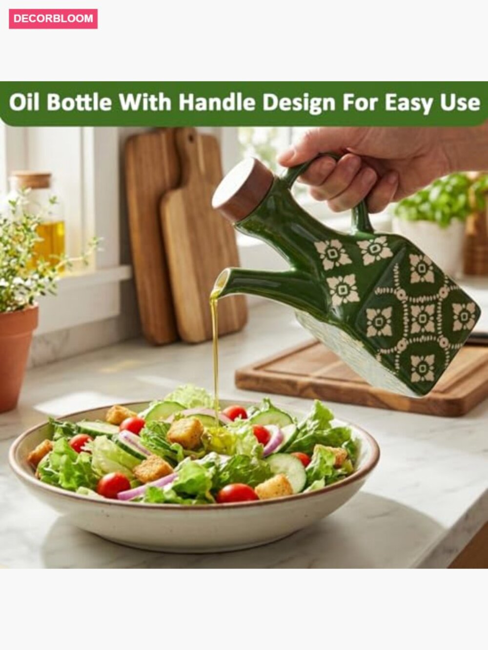 Ceramic Olive Oil Dispenser Bottle 8.5 oz Leakproof with Handle Wood Stopper - Picture 5 of 7